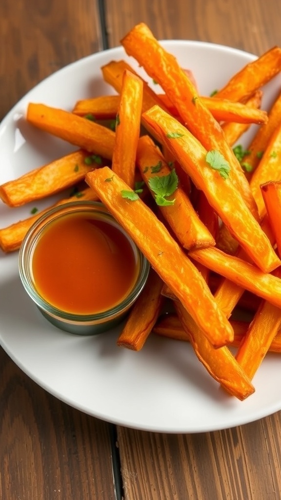 Crispy Air Fryer White Yam Fries Recipe Crispy yam fries on a plate with dipping sauce and fresh herbs.